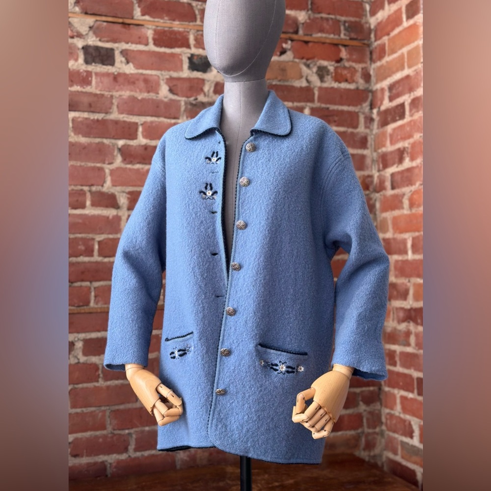 Vintage Blue Wool Cardigan Embroidered Boiled Wool Jacket